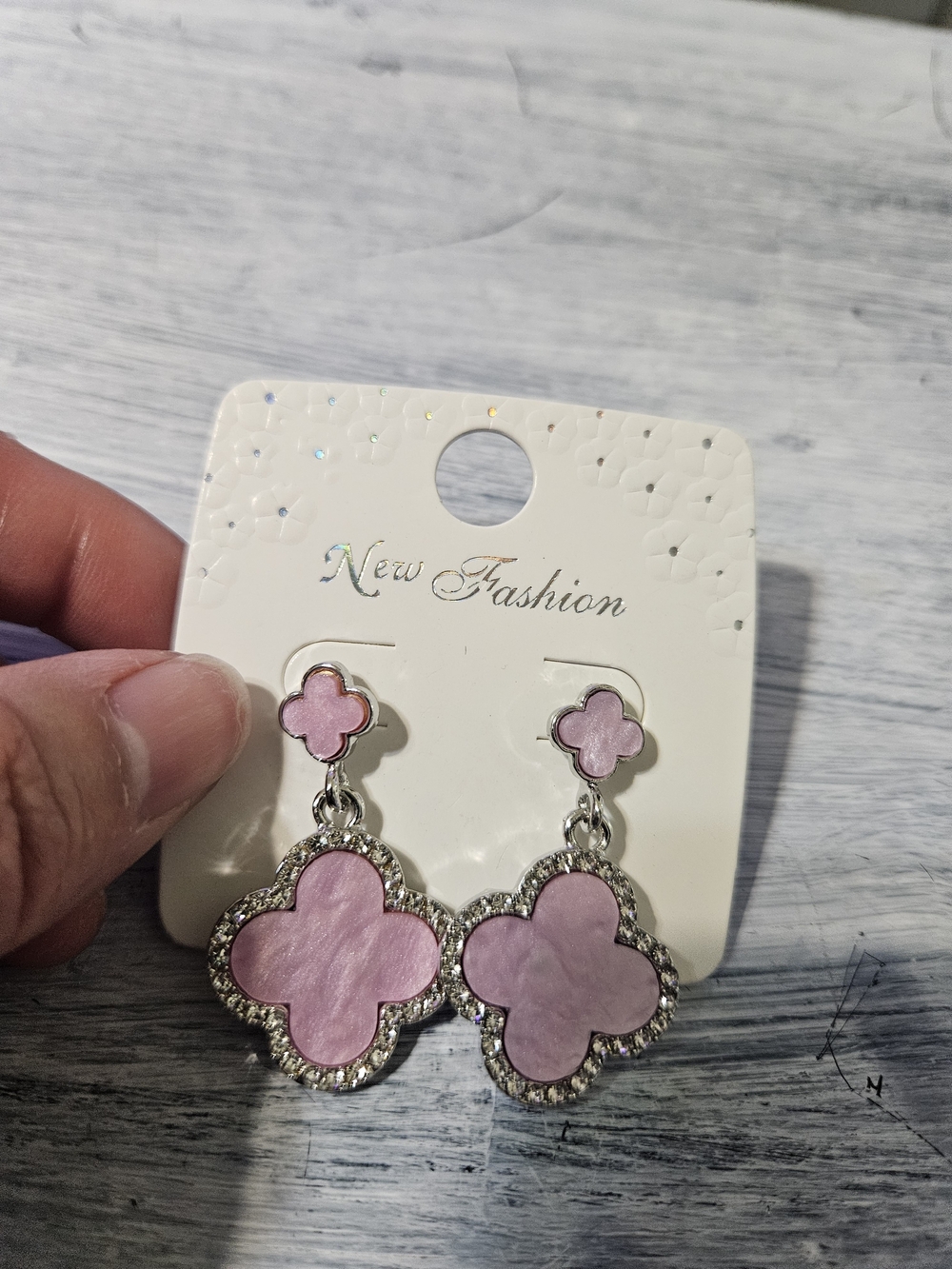 Source Unknown Pink Clover Drop Earrings with Rhinestone Edge